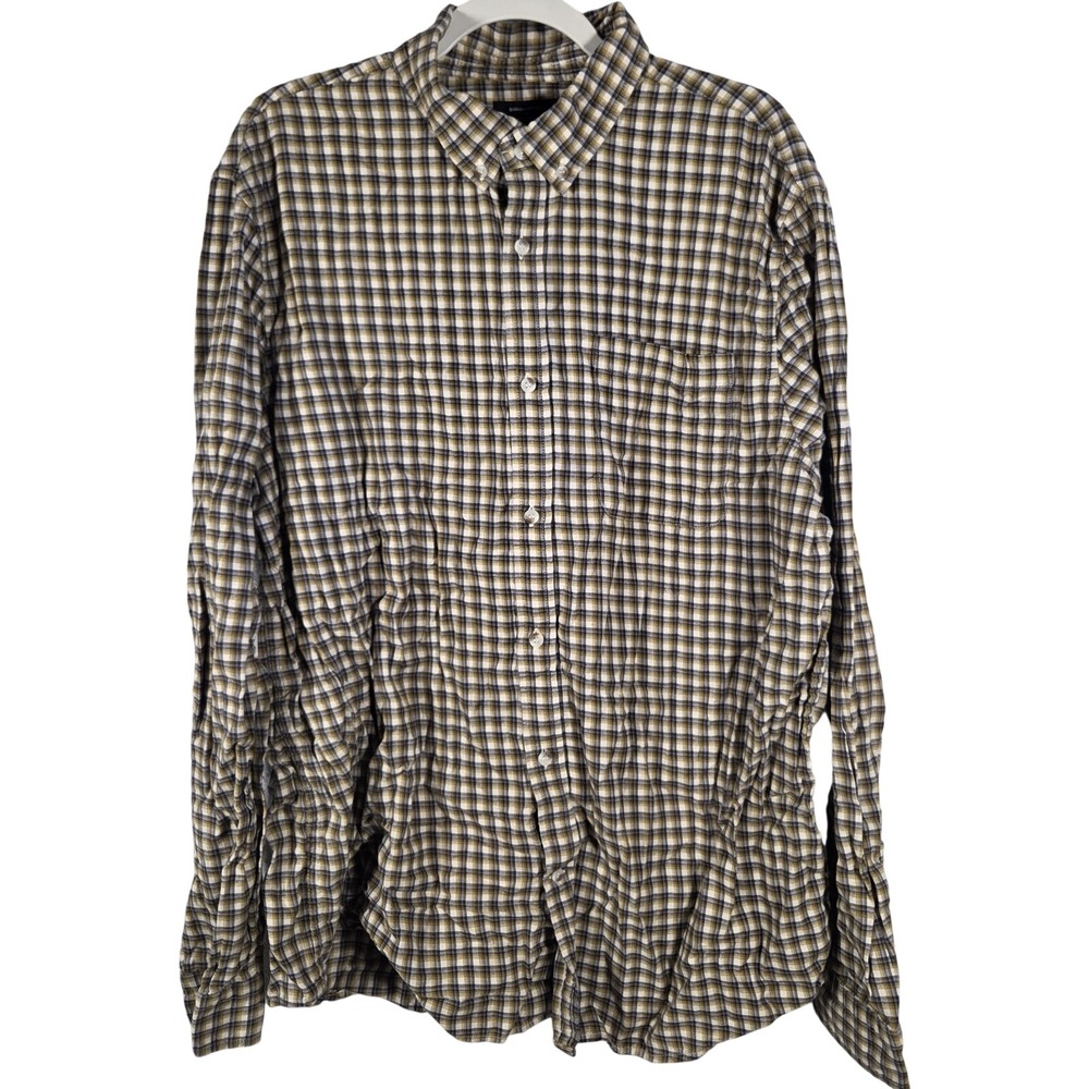 Banana Republic Plaid Button Down Mens XL Tall Black Fern Untucked Fit‎ Casual